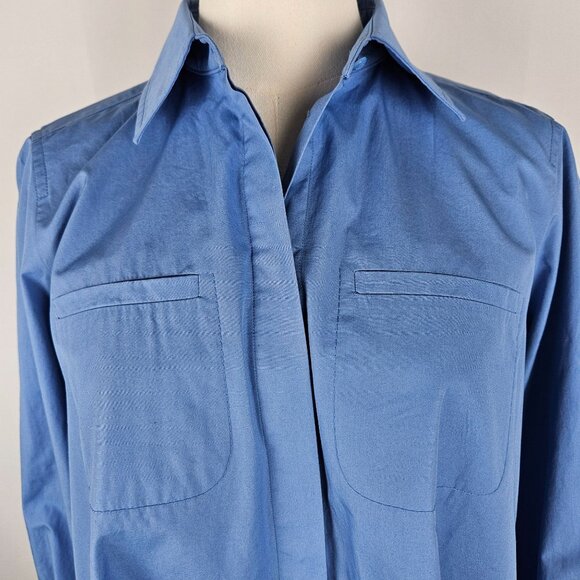 MaxMara Midi Shirt Dress Sz 10 Blue Cotton Side Pockets Swing Long Sleeve - Picture 3 of 13